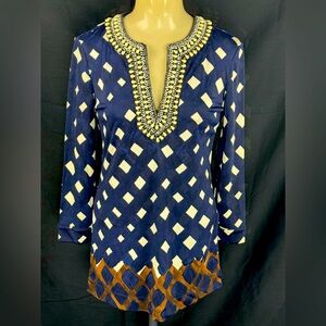 Tory Burch Embellished Quarter-Sleeve Blouse Multi Color Navy Top XS EUC